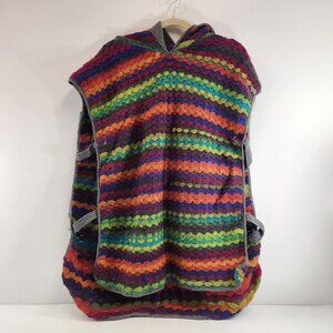 Hand Knit Rainbow Striped Hooded Poncho Unisex Hippie Colorful Yarn